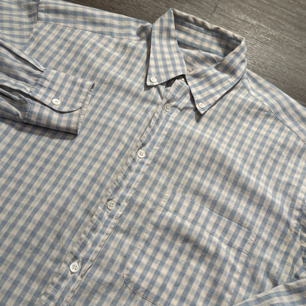 Ermenegildo Zegna Shirt Mens Medium Blue Plaid Cotton Soft Italy Preppy Luxury